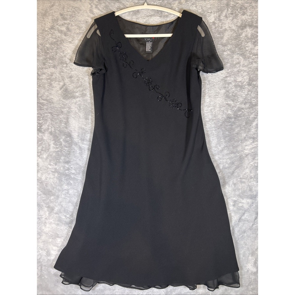 Scarlett Dress Black LBD Evening VNeck Beading Sheer Flutter Sleeve &‎ Hem 14